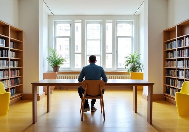 Studioso che consulta un grande libro in una sala luminosa